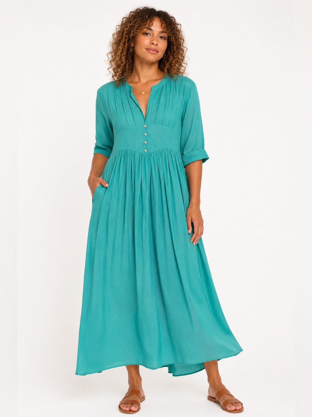 80s Vintage Nina Piccalino Empire Waist Pleated Midi Dress (Kelly Green) 12/14